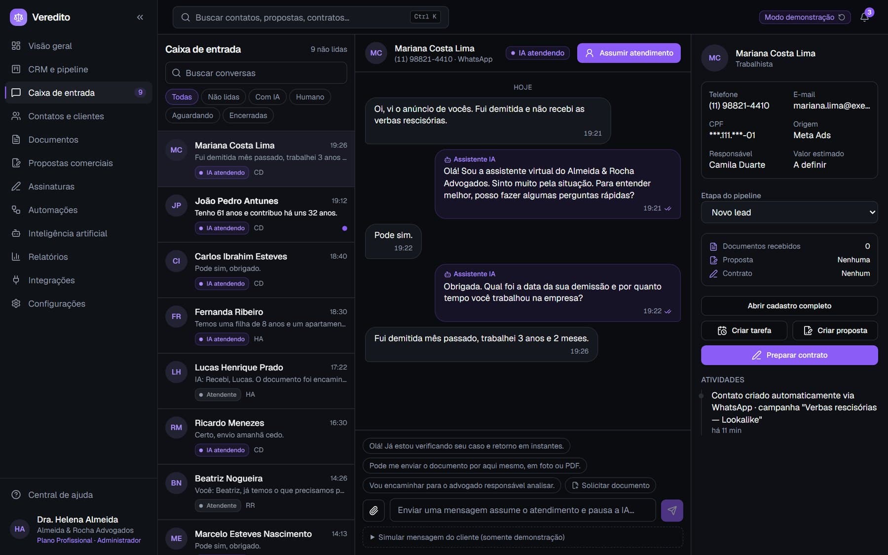 Veredito, caixa de entrada unificada de conversas