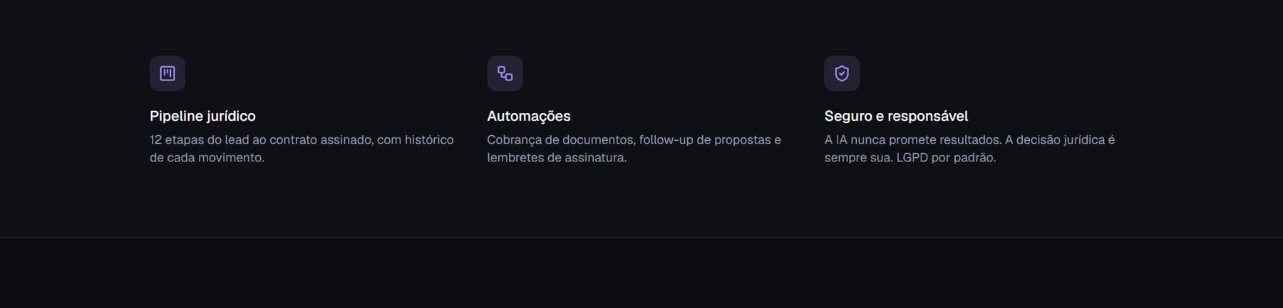 Veredito, seção de funcionalidades da landing page